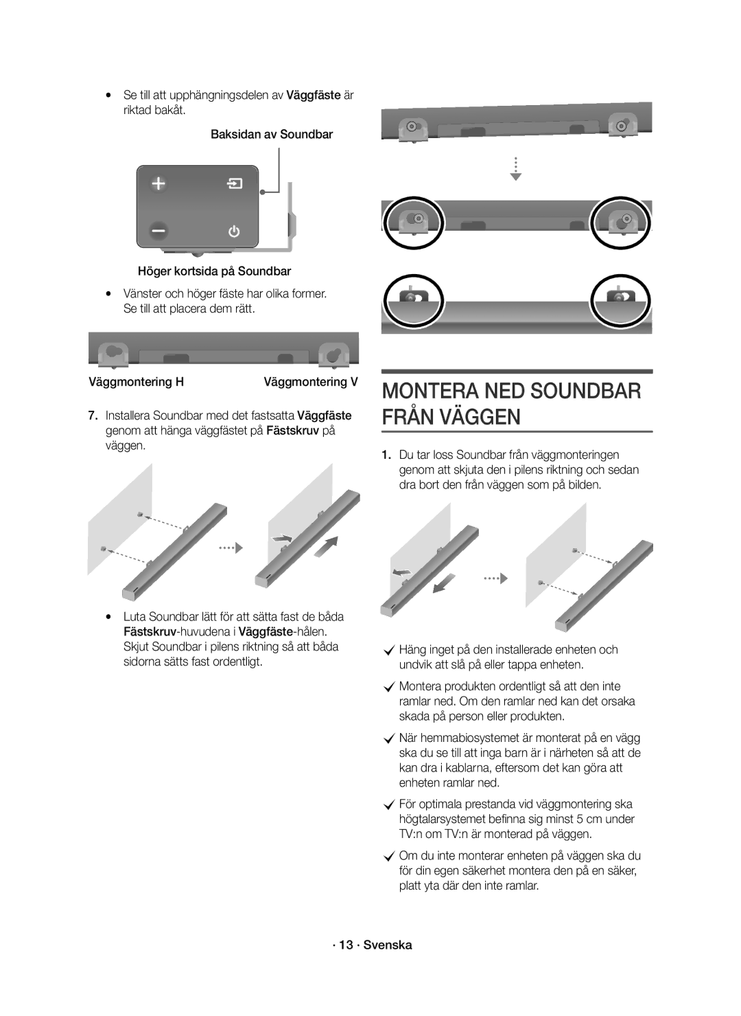 Samsung HW-K440/XE manual Montera NED Soundbar Från Väggen 