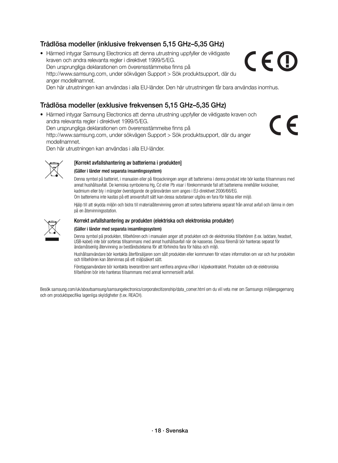 Samsung HW-K440/XE manual Trådlösa modeller inklusive frekvensen 5,15 GHz-5,35 GHz, · 18 · Svenska 