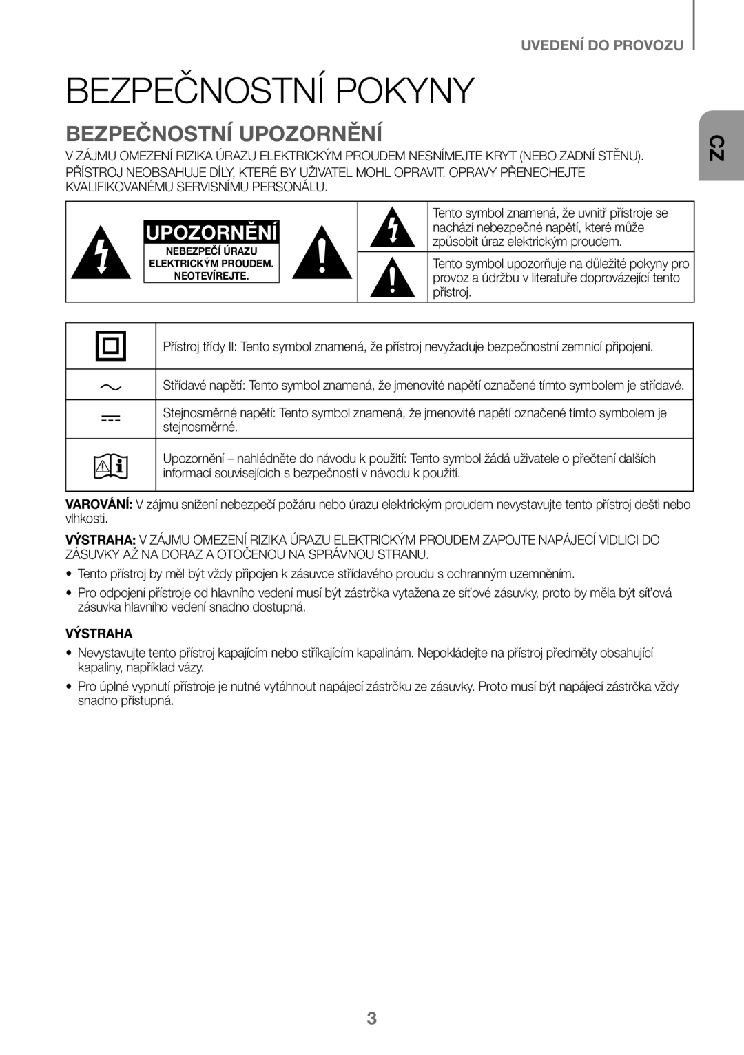 Samsung HW-J450/ZF, HW-K450/EN, HW-J450/EN, HW-K450/ZF manual Bezpečnostní Pokyny, Bezpečnostní Upozornění, Výstraha 