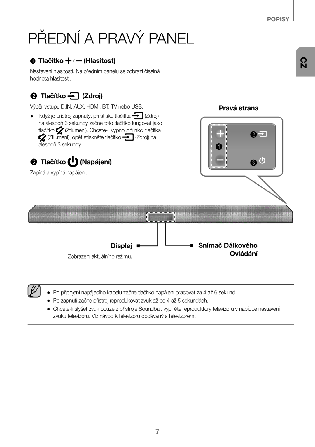 Samsung HW-J450/ZF, HW-K450/EN, HW-J450/EN, HW-K450/ZF manual Přední a Pravý Panel 