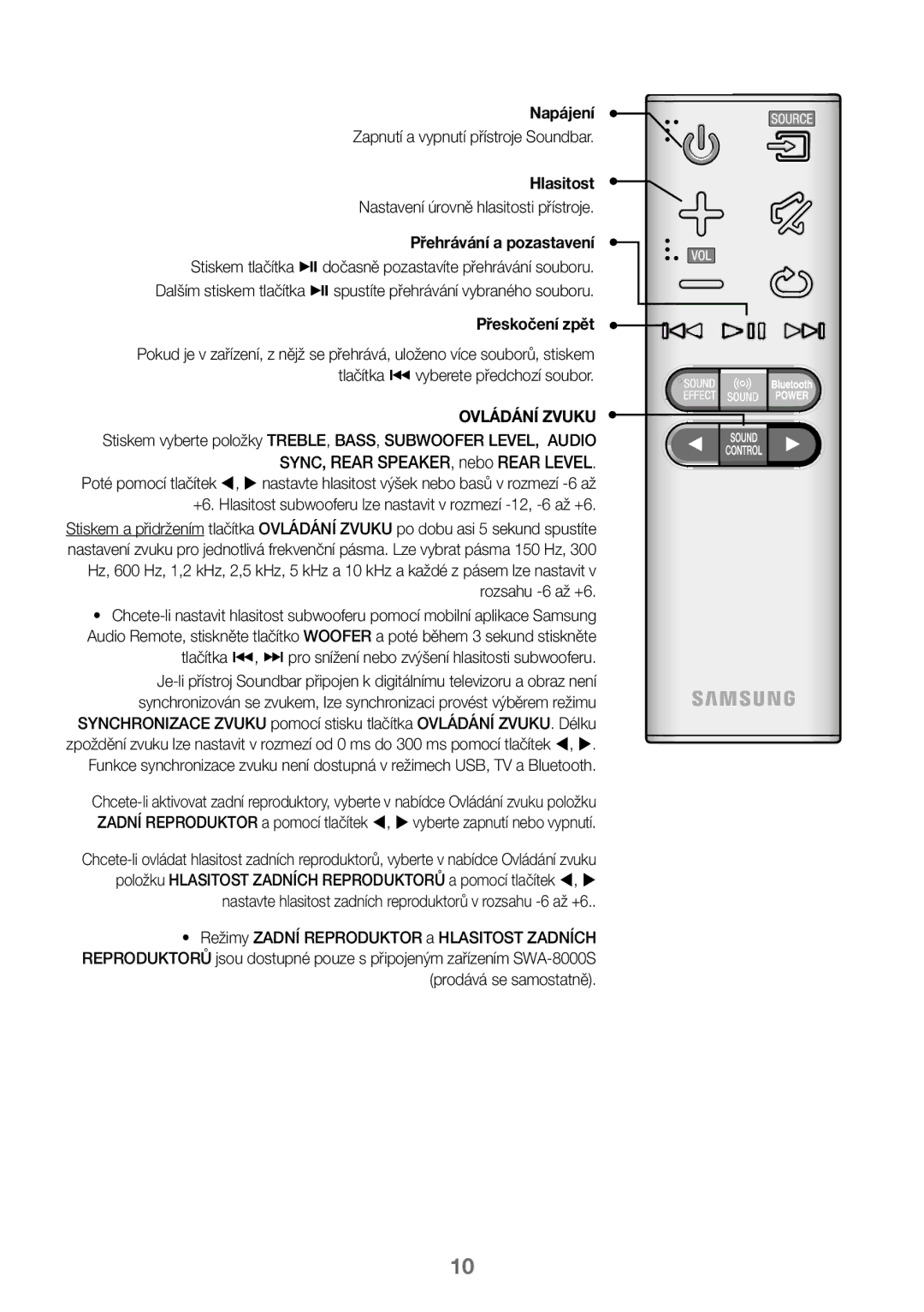 Samsung HW-J450/EN, HW-K450/EN, HW-J450/ZF, HW-K450/ZF manual Napájení, Zapnutí a vypnutí přístroje Soundbar, Přeskočení zpět 