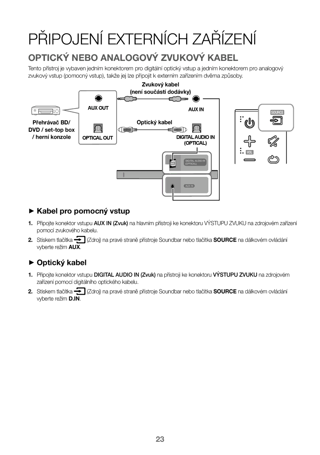 Samsung HW-J450/ZF manual Připojení Externích Zařízení, Optický Nebo Analogový Zvukový Kabel, ++Kabel pro pomocný vstup 