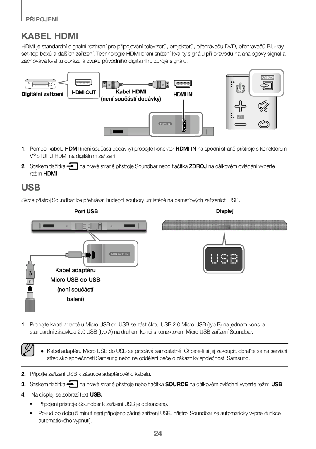 Samsung HW-K450/ZF Kabel Hdmi, Kabel adaptéru Micro USB do USB Není součástí Balení, Digitální zařízení Hdmi OUT, Port USB 