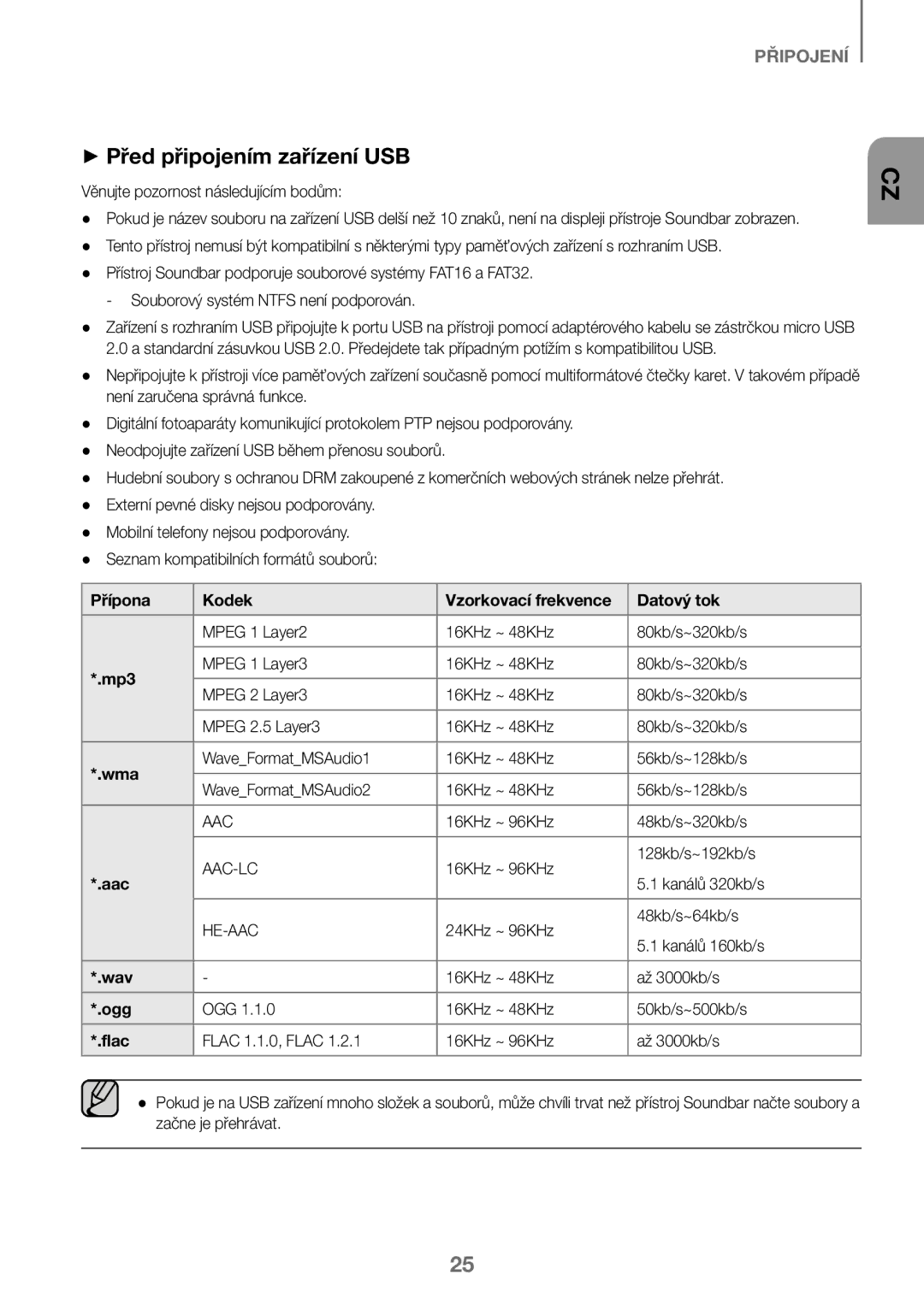 Samsung HW-K450/EN, HW-J450/EN, HW-J450/ZF ++Před připojením zařízení USB, Přípona Kodek Vzorkovací frekvence Datový tok 