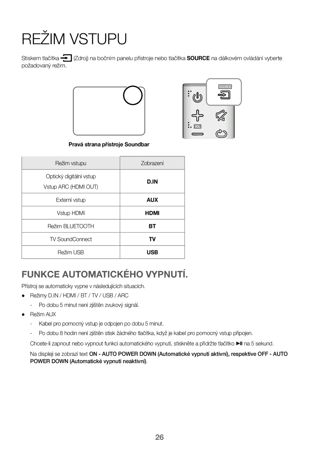 Samsung HW-J450/EN manual Režim Vstupu, Funkce Automatického Vypnutí, Požadovaný režim, Pravá strana přístroje Soundbar 