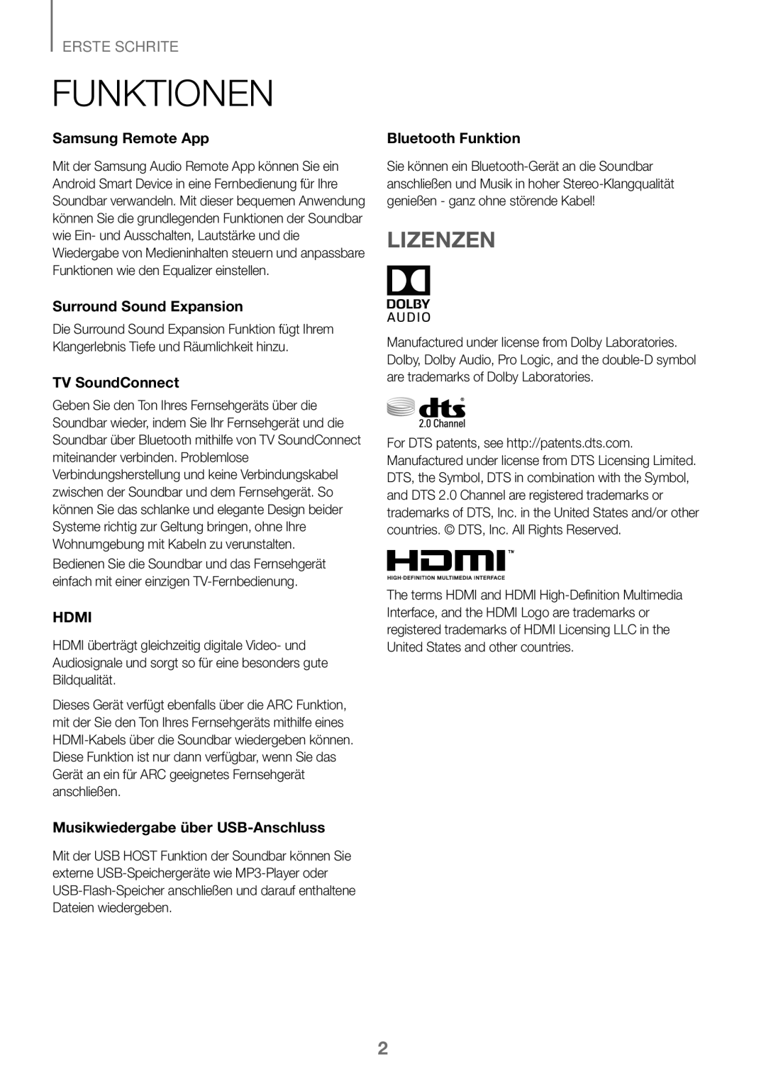 Samsung HW-J450/ZF, HW-K450/EN, HW-J450/EN Funktionen, Lizenzen, Musikwiedergabe über USB-Anschluss, Bluetooth Funktion 