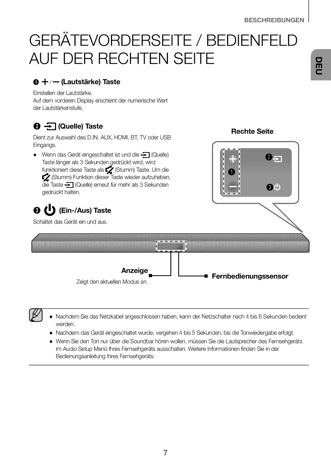 Samsung HW-K450/ZF, HW-K450/EN Lautstärke Taste, Quelle Taste, Ein-/Aus Taste, Rechte Seite Anzeige, Fernbedienungssensor 