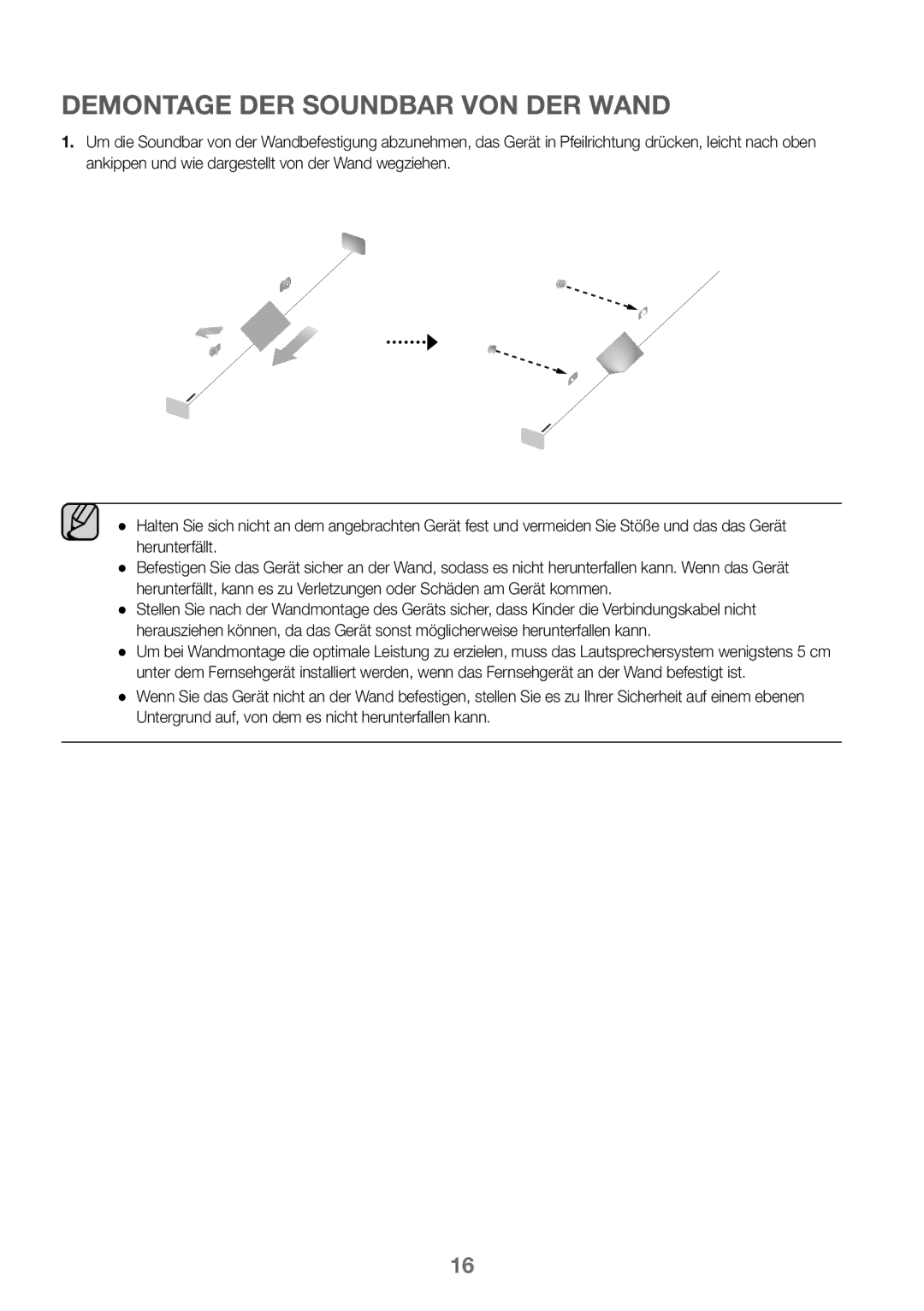 Samsung HW-K450/EN, HW-J450/EN, HW-J450/ZF, HW-K450/ZF manual Demontage DER Soundbar VON DER Wand 