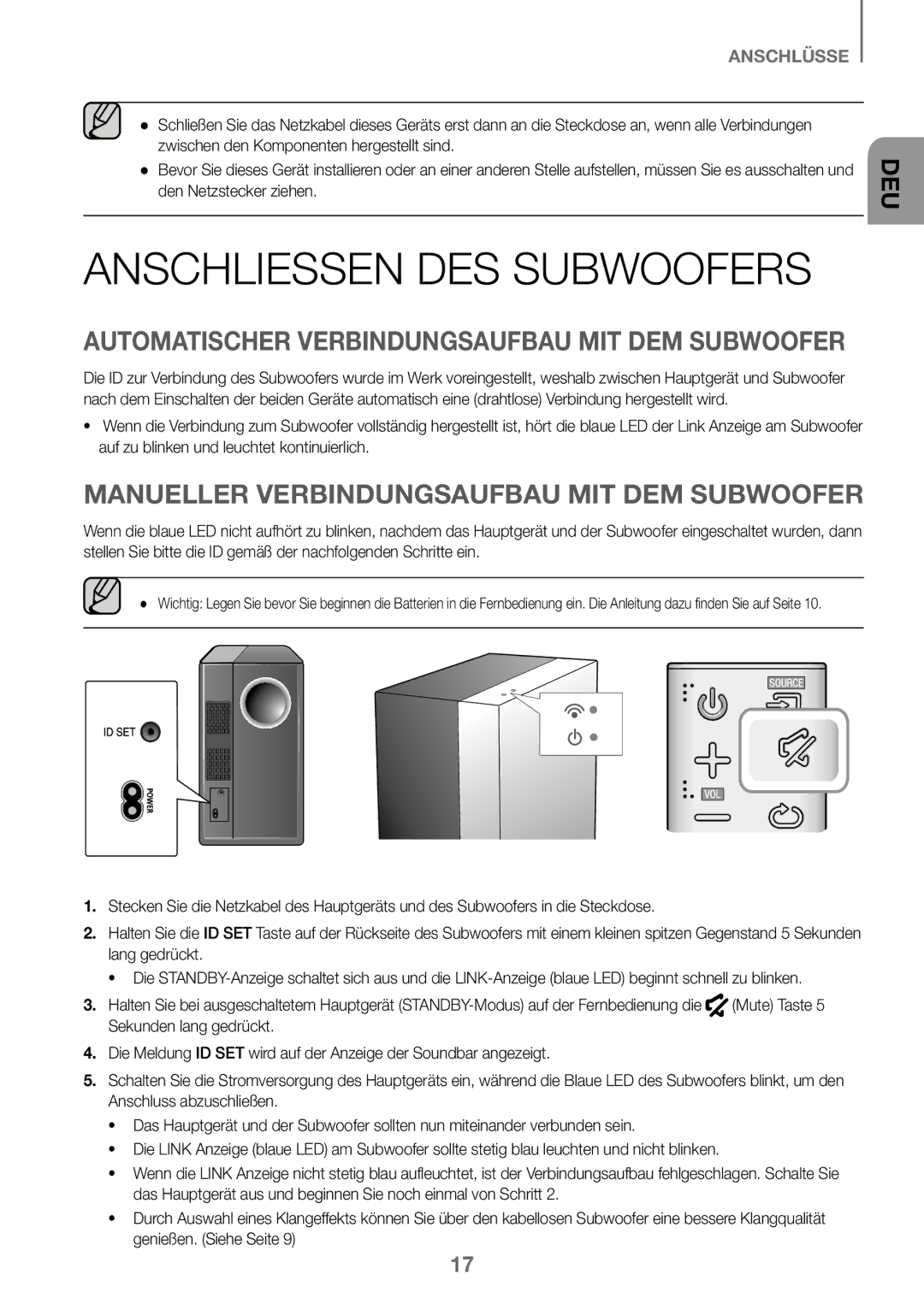 Samsung HW-J450/EN, HW-K450/EN, HW-J450/ZF manual Anschliessen DES Subwoofers, Manueller Verbindungsaufbau MIT DEM Subwoofer 