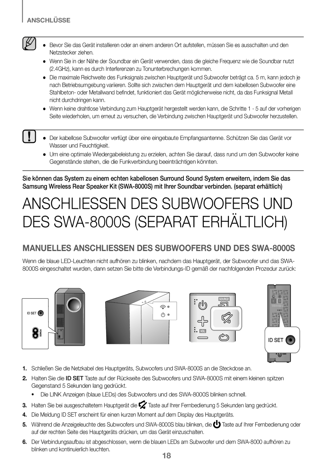 Samsung HW-J450/ZF, HW-K450/EN, HW-J450/EN, HW-K450/ZF manual Manuelles Anschliessen DES Subwoofers UND DES SWA-8000S 