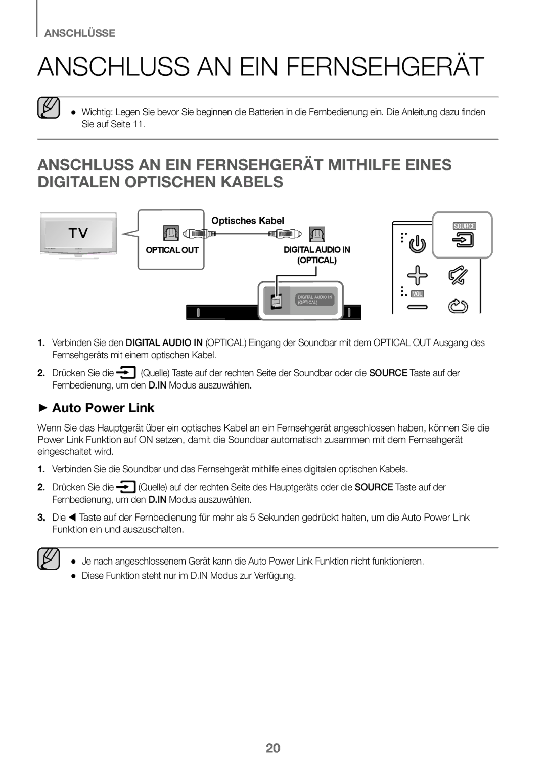 Samsung HW-K450/EN, HW-J450/EN, HW-J450/ZF, HW-K450/ZF manual Anschluss AN EIN Fernsehgerät, Optisches Kabel 