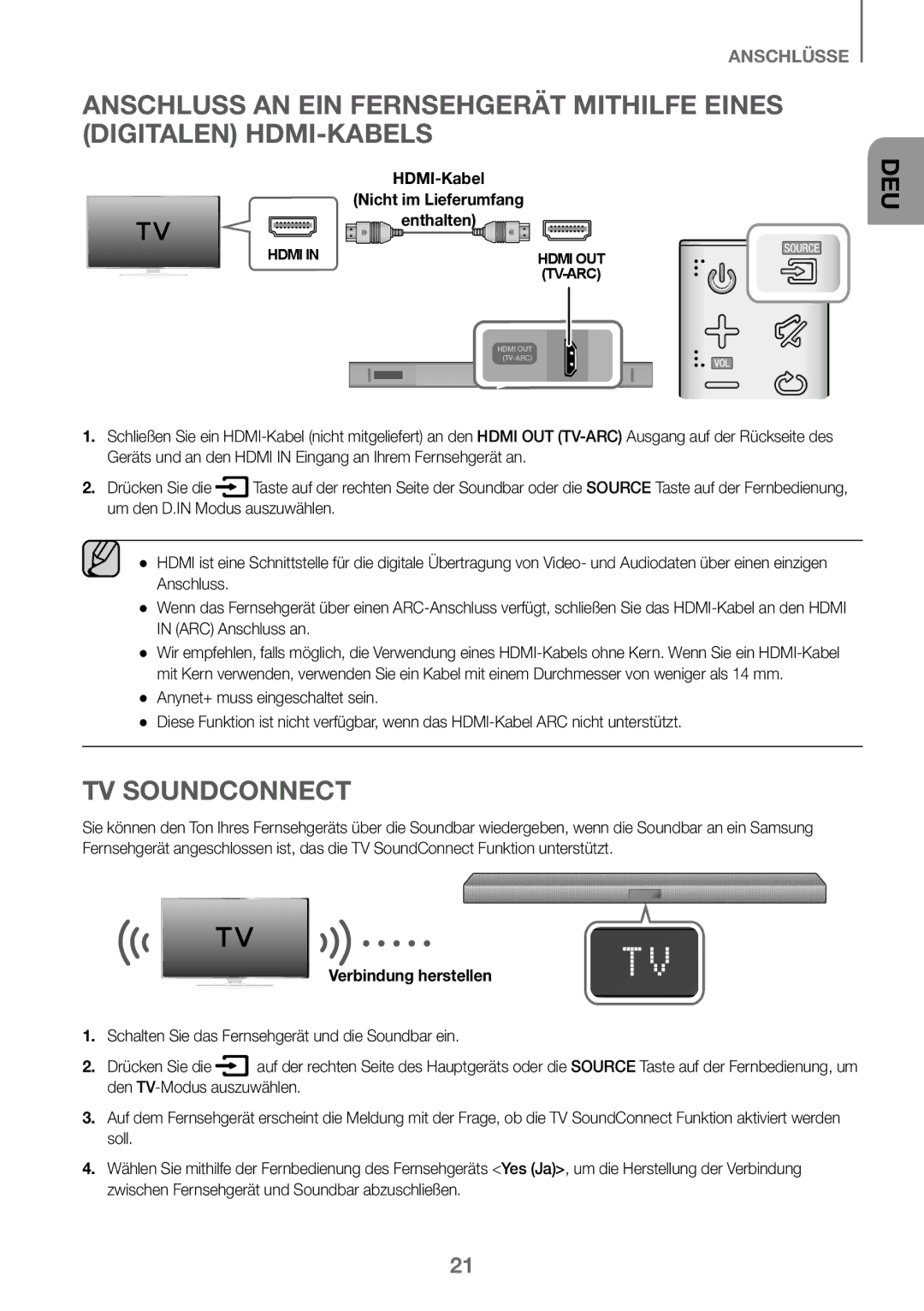 Samsung HW-J450/EN, HW-K450/EN, HW-J450/ZF, HW-K450/ZF manual TV Soundconnect, Verbindung herstellen 