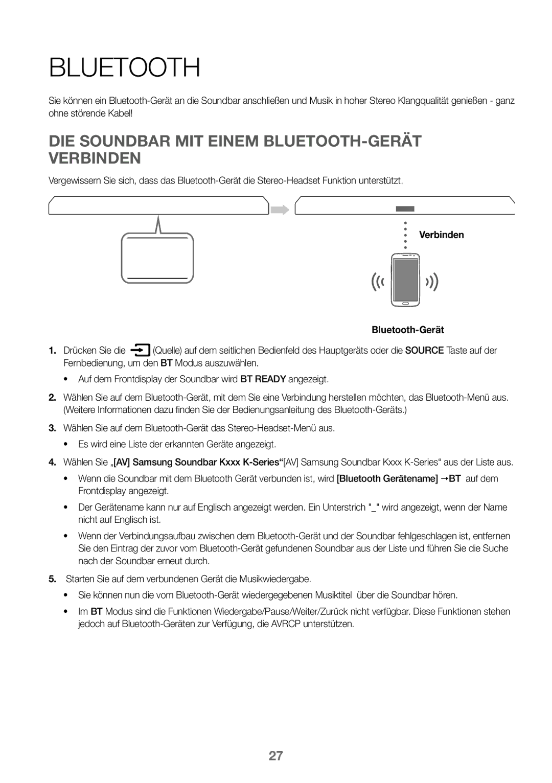 Samsung HW-K450/ZF, HW-K450/EN DIE Soundbar MIT Einem BLUETOOTH-GERÄT Verbinden, Verbinden Bluetooth-Gerät Drücken Sie die 