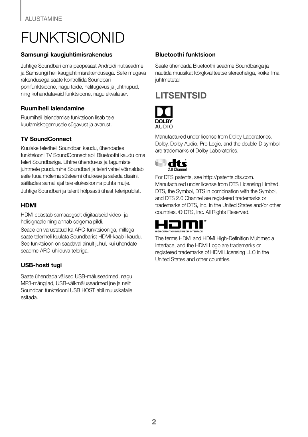 Samsung HW-K450/ZF, HW-K450/EN, HW-J450/EN, HW-J450/ZF manual Funktsioonid, Litsentsid 