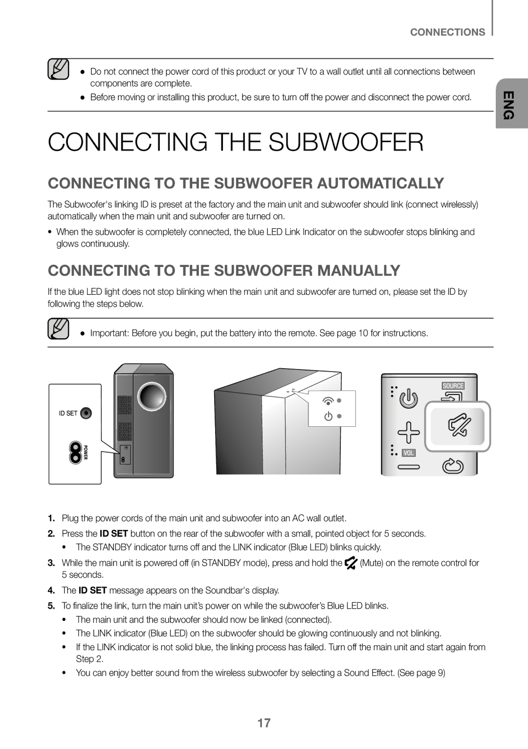 Samsung HW-J450/EN, HW-K450/EN, HW-J450/ZF, HW-K450/ZF Connecting the Subwoofer, Connecting to the Subwoofer Automatically 