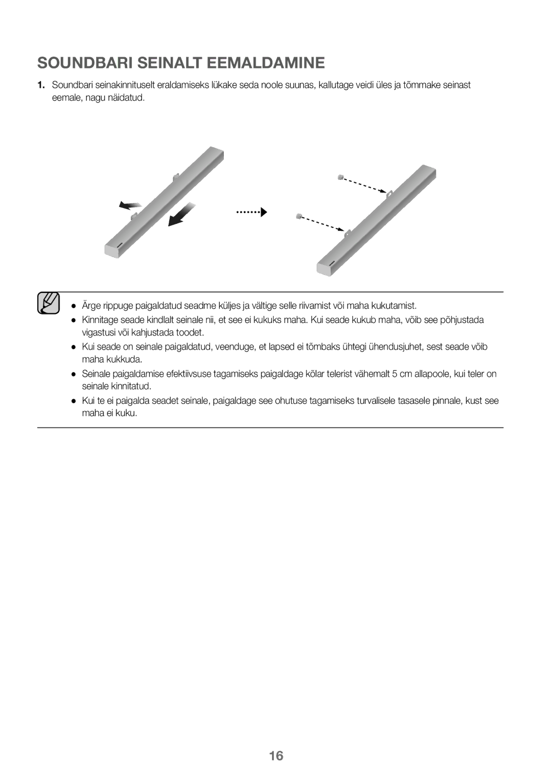 Samsung HW-J450/EN, HW-K450/EN, HW-J450/ZF, HW-K450/ZF manual Soundbari Seinalt Eemaldamine 