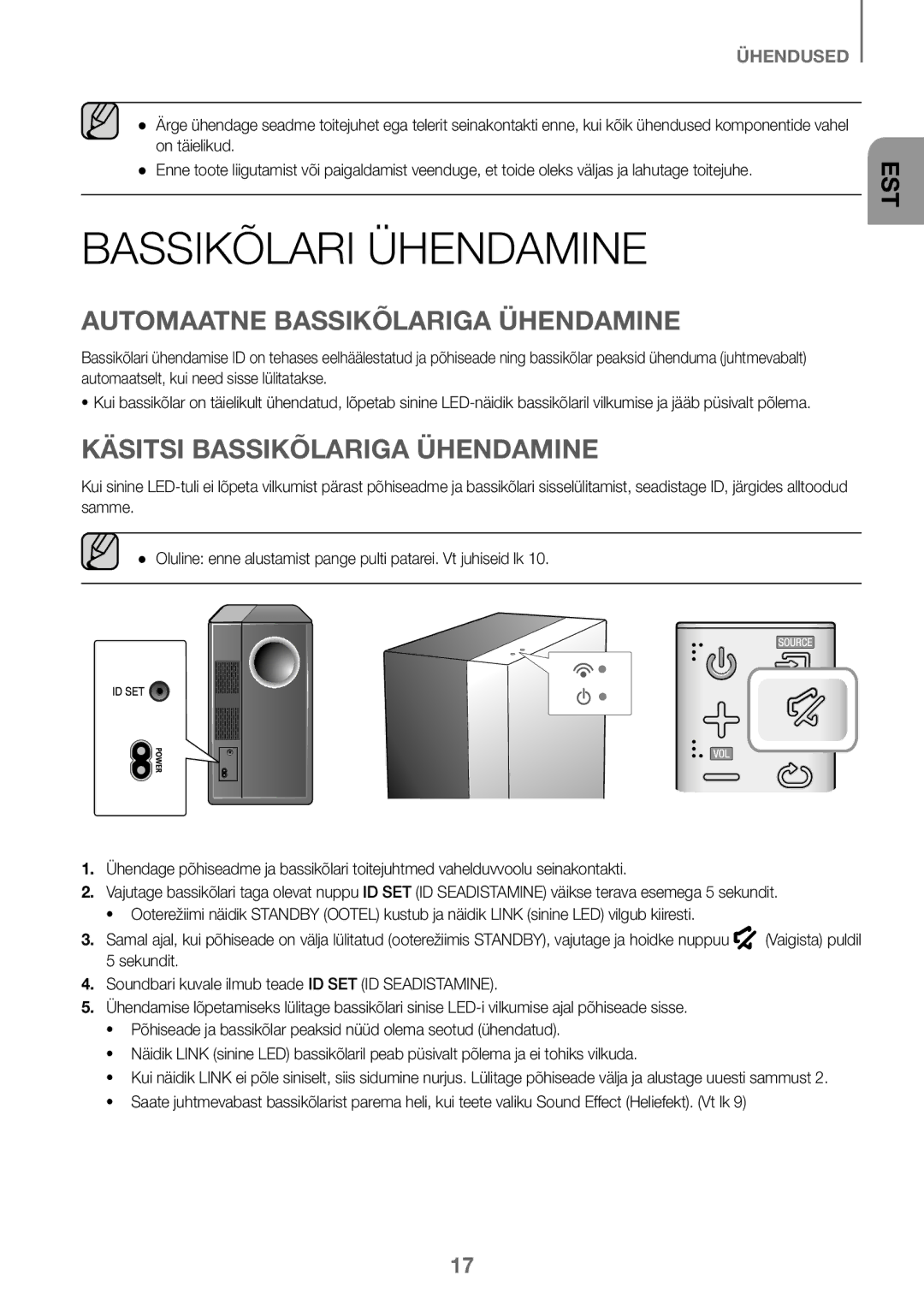 Samsung HW-J450/ZF manual Bassikõlari Ühendamine, Automaatne Bassikõlariga Ühendamine, Käsitsi Bassikõlariga Ühendamine 