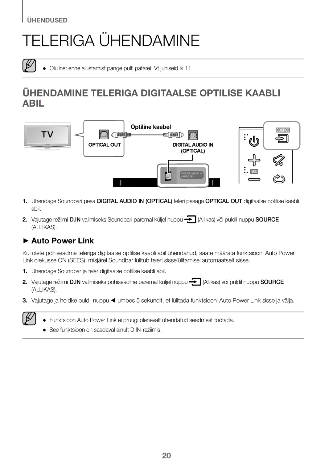 Samsung HW-J450/EN, HW-K450/EN Teleriga Ühendamine, Ühendamine Teleriga Digitaalse Optilise Kaabli Abil, Optiline kaabel 