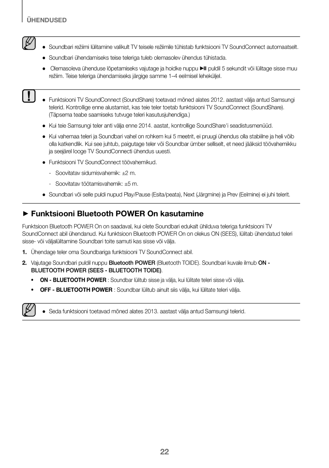 Samsung HW-K450/ZF, HW-K450/EN, HW-J450/EN ++Funktsiooni Bluetooth Power On kasutamine, Soovitatav töötamisvahemik ±5 m 