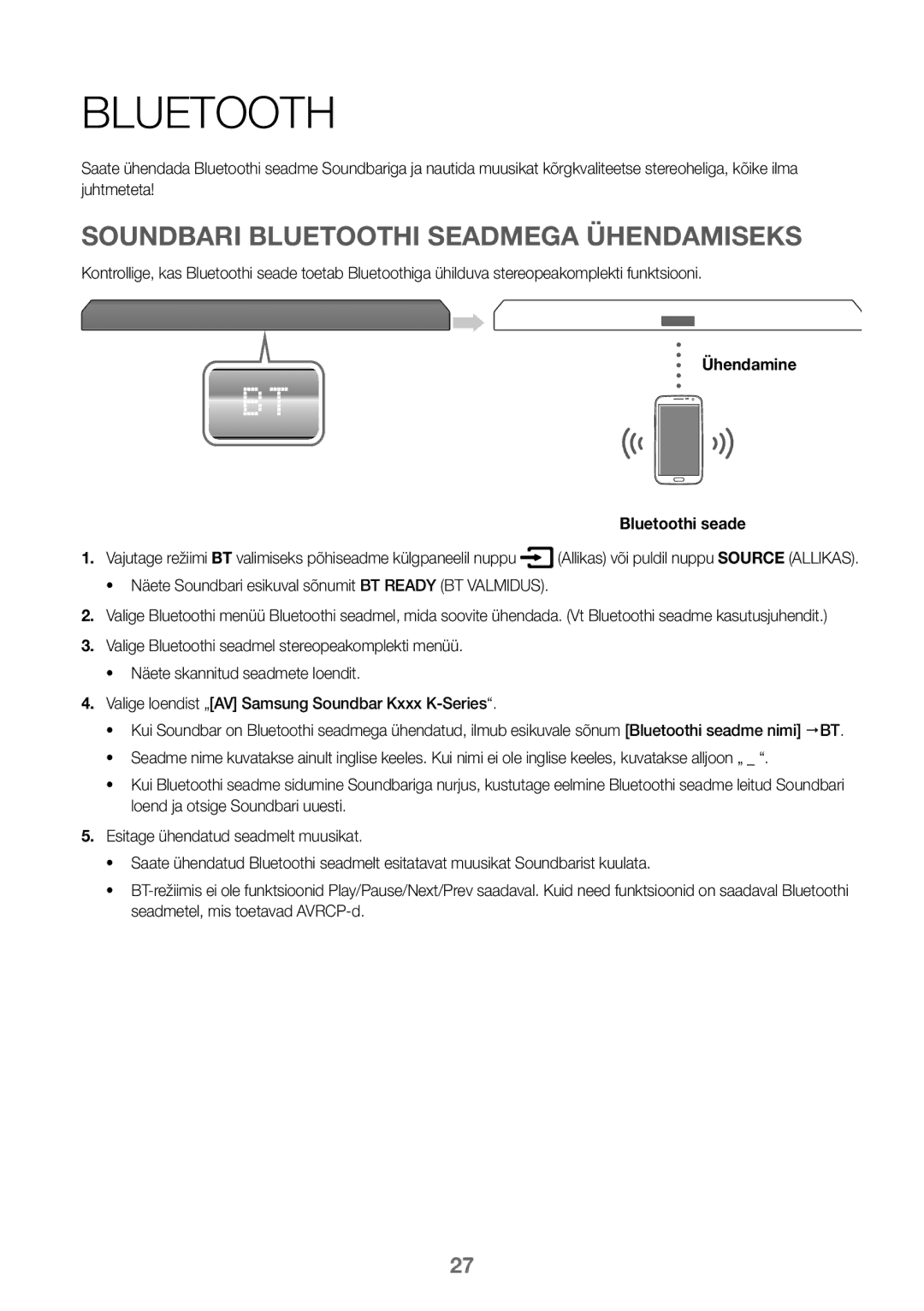 Samsung HW-K450/EN, HW-J450/EN, HW-J450/ZF manual Soundbari Bluetoothi Seadmega Ühendamiseks, Ühendamine Bluetoothi seade 