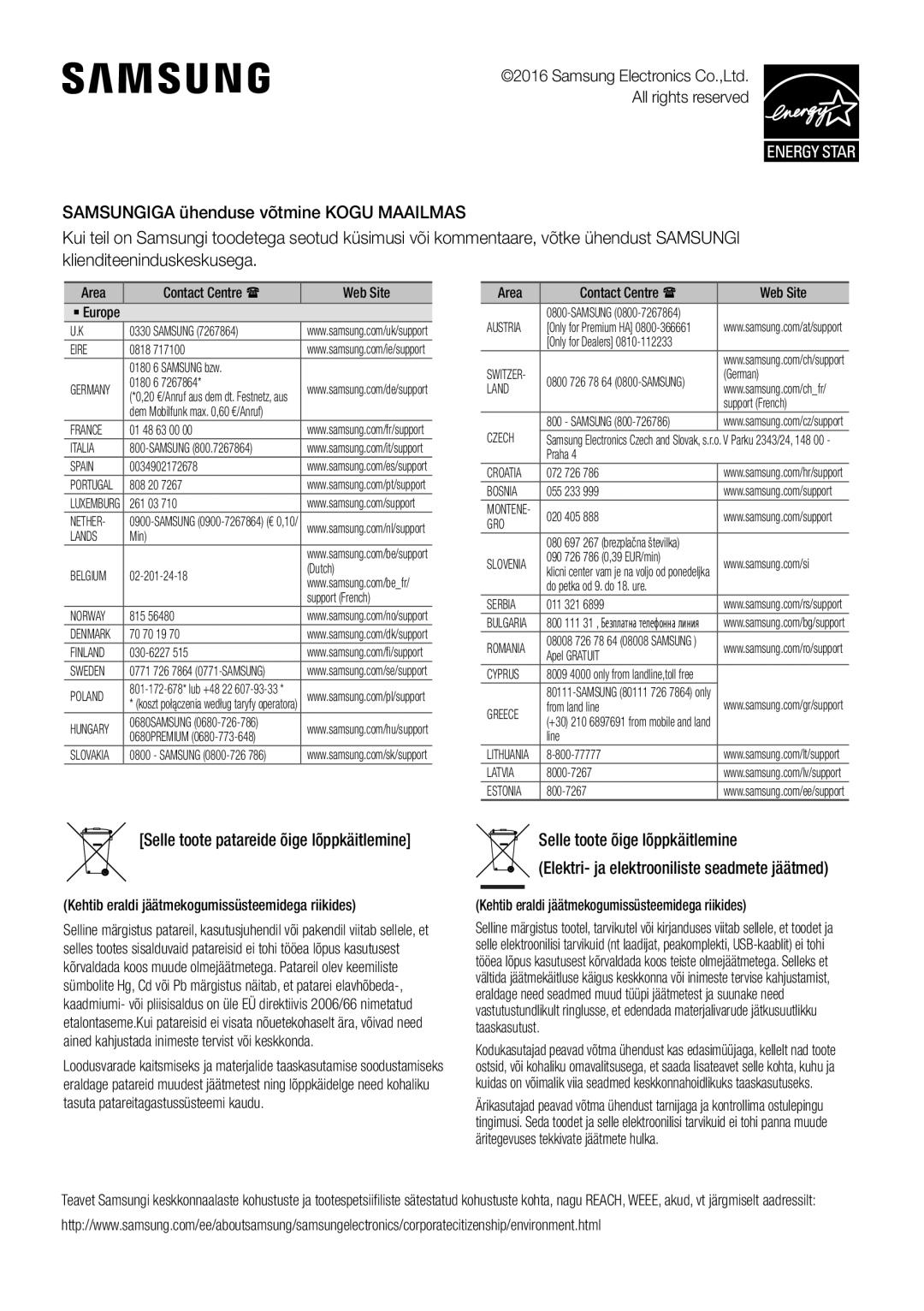 Samsung HW-J450/ZF, HW-K450/EN Selle toote patareide õige lõppkäitlemine, Kehtib eraldi jäätmekogumissüsteemidega riikides 