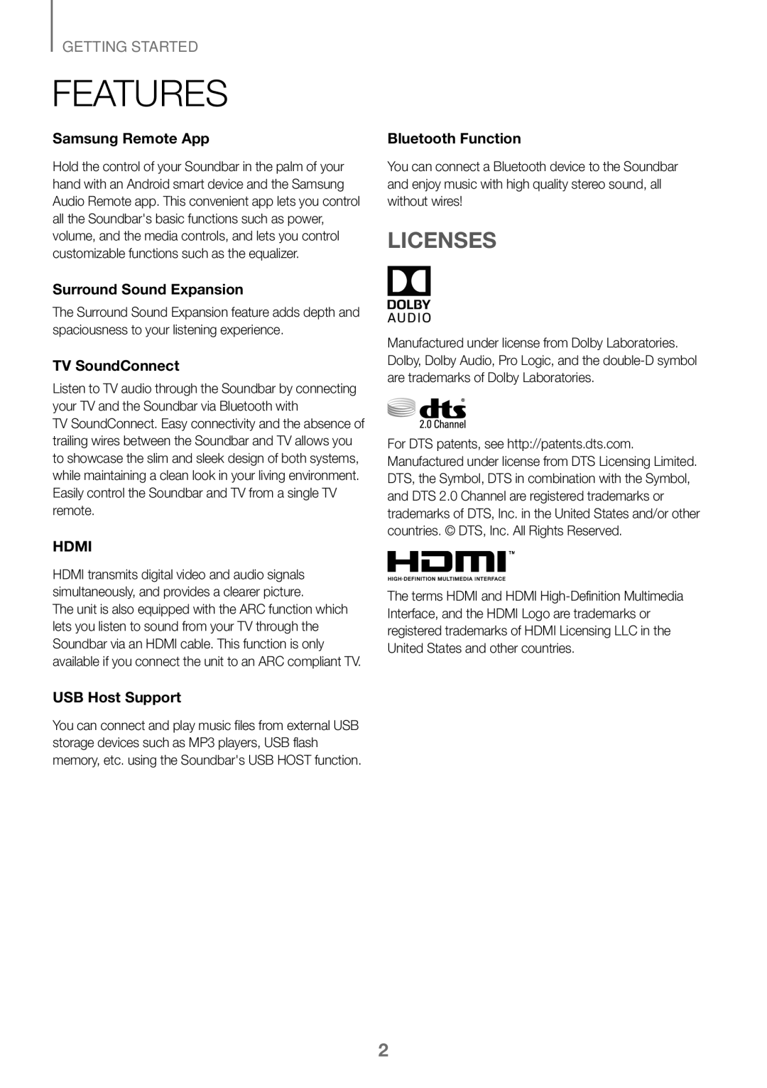 Samsung HW-J450/ZF, HW-K450/EN, HW-J450/EN, HW-K450/ZF manual Features, Licenses 