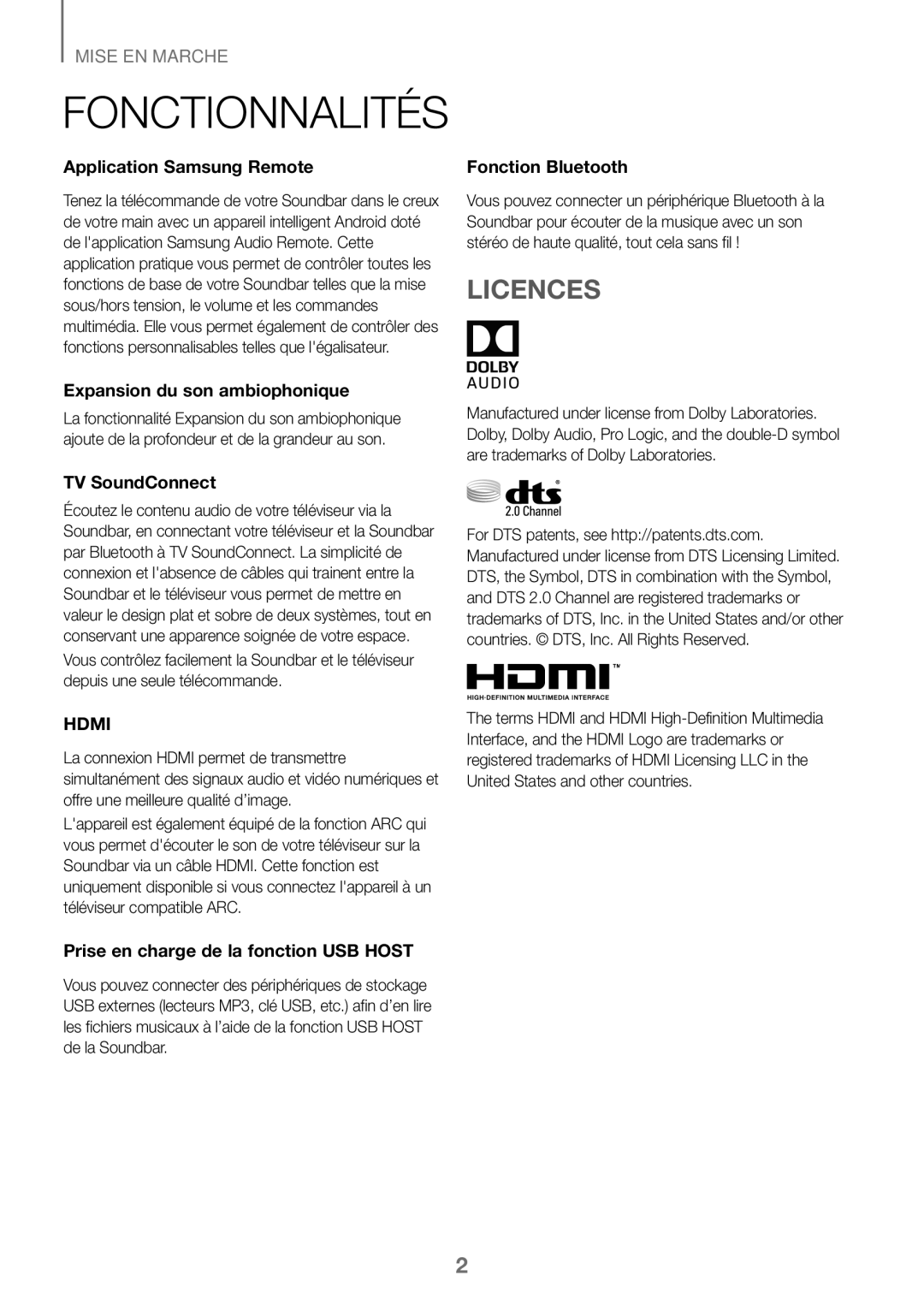 Samsung HW-K450/EN, HW-J450/EN Licences, Application Samsung Remote, Fonction Bluetooth, Expansion du son ambiophonique 