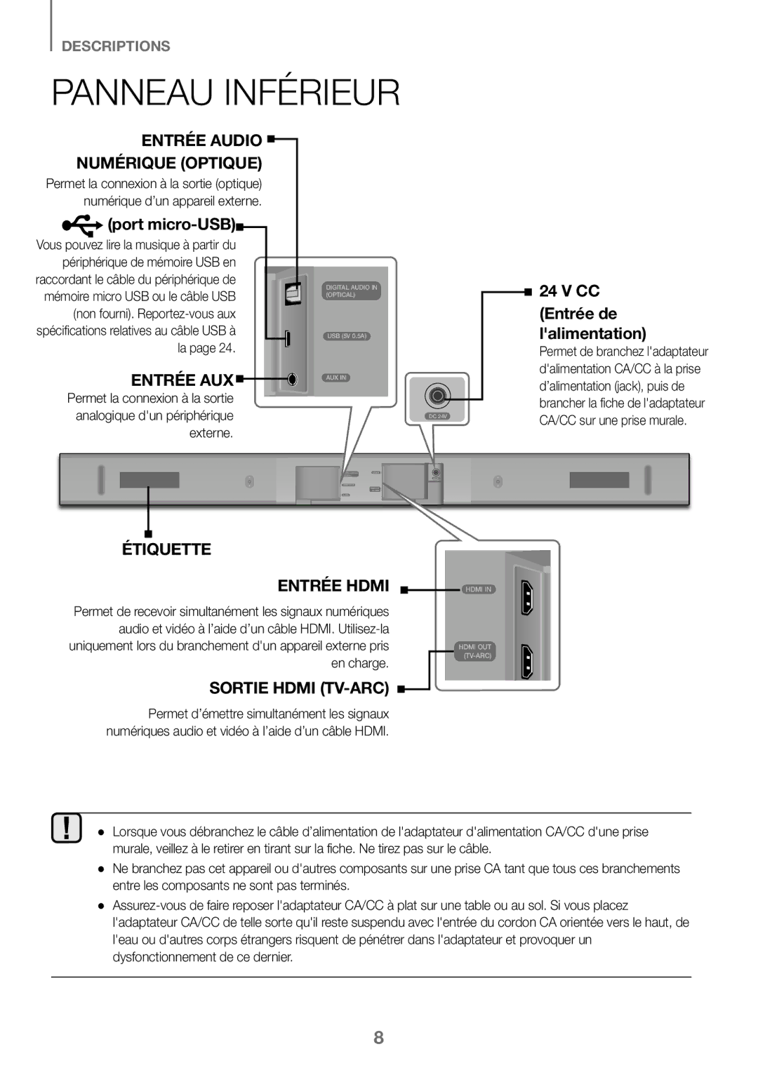 Samsung HW-J450/ZF, HW-K450/EN, HW-J450/EN, HW-K450/ZF manual Panneau Inférieur, Port micro-USB, CC Entrée de lalimentation 