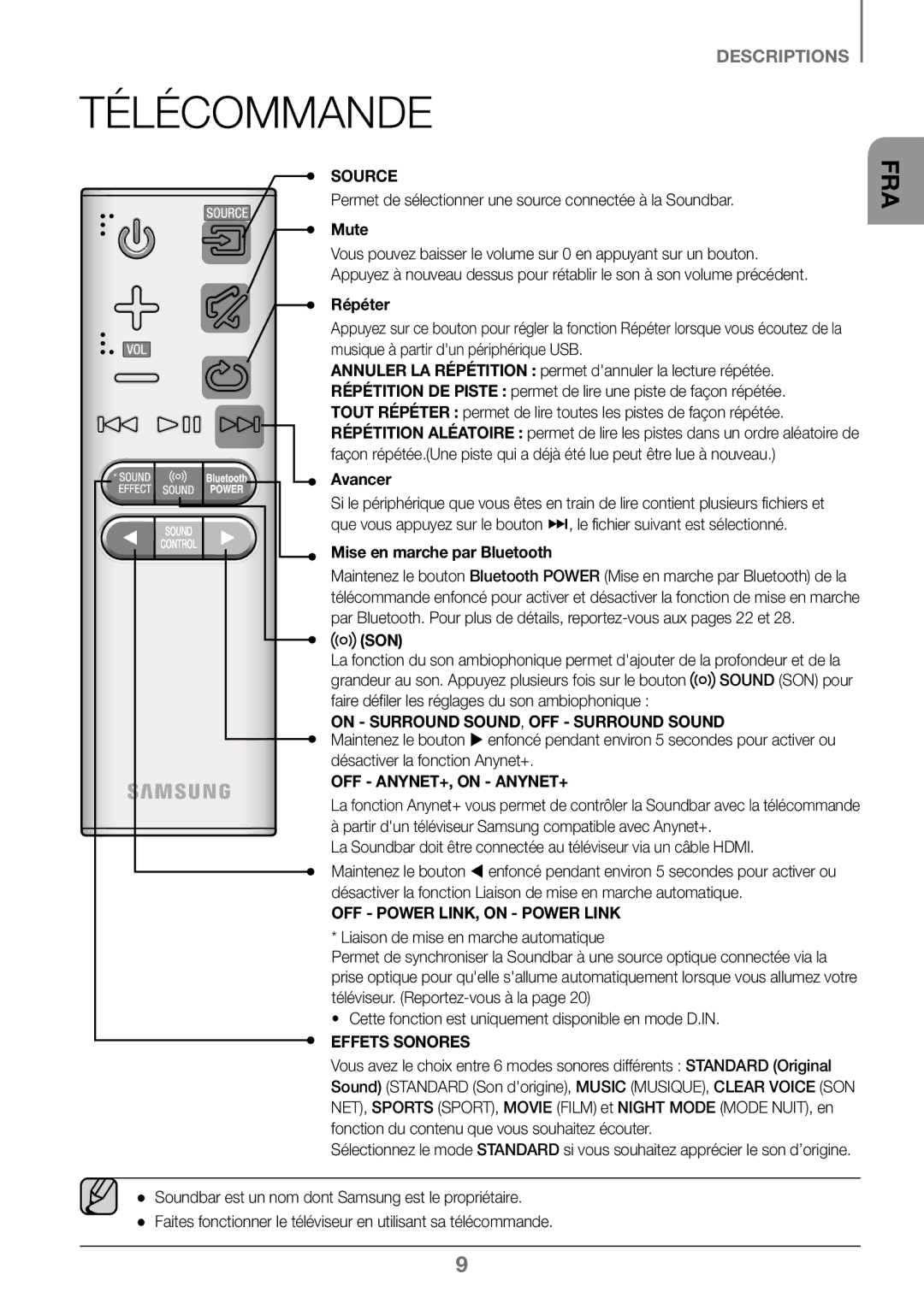 Samsung HW-K450/ZF, HW-K450/EN, HW-J450/EN, HW-J450/ZF manual Télécommande, Effets Sonores 