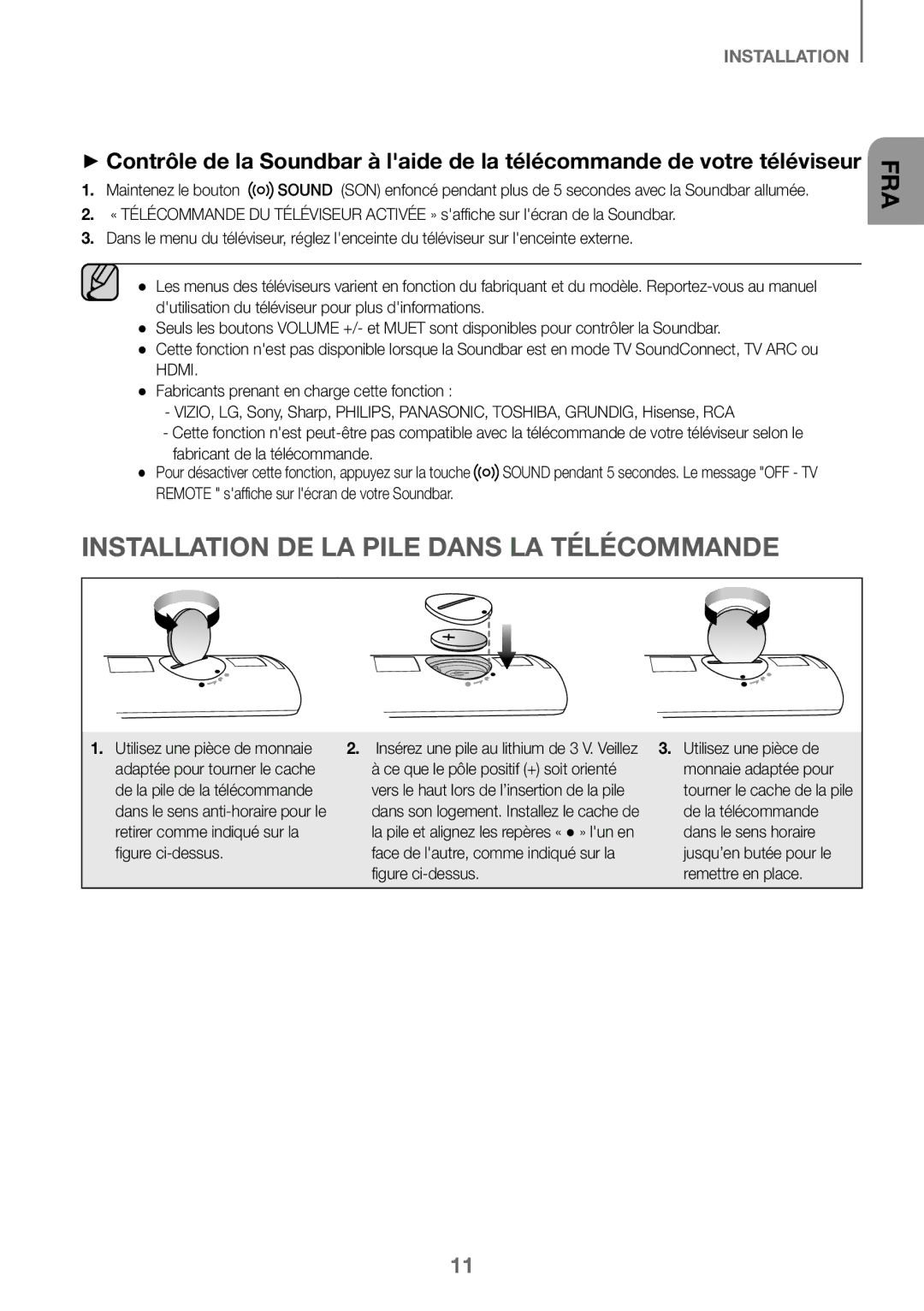 Samsung HW-J450/EN, HW-K450/EN, HW-J450/ZF manual Installation DE LA Pile Dans LA Télécommande, Fabricant de la télécommande 