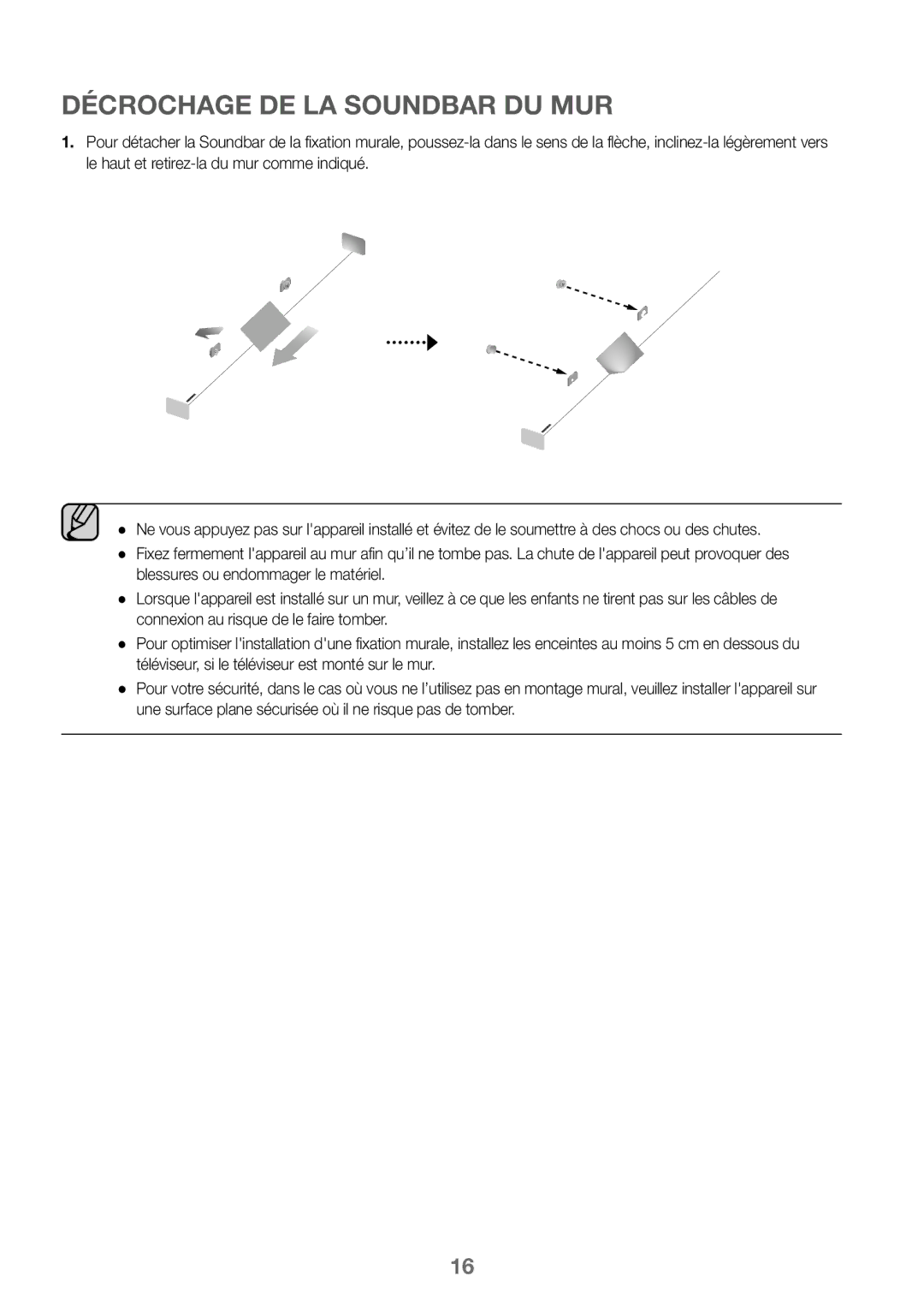 Samsung HW-J450/ZF, HW-K450/EN, HW-J450/EN, HW-K450/ZF manual Décrochage DE LA Soundbar DU MUR 