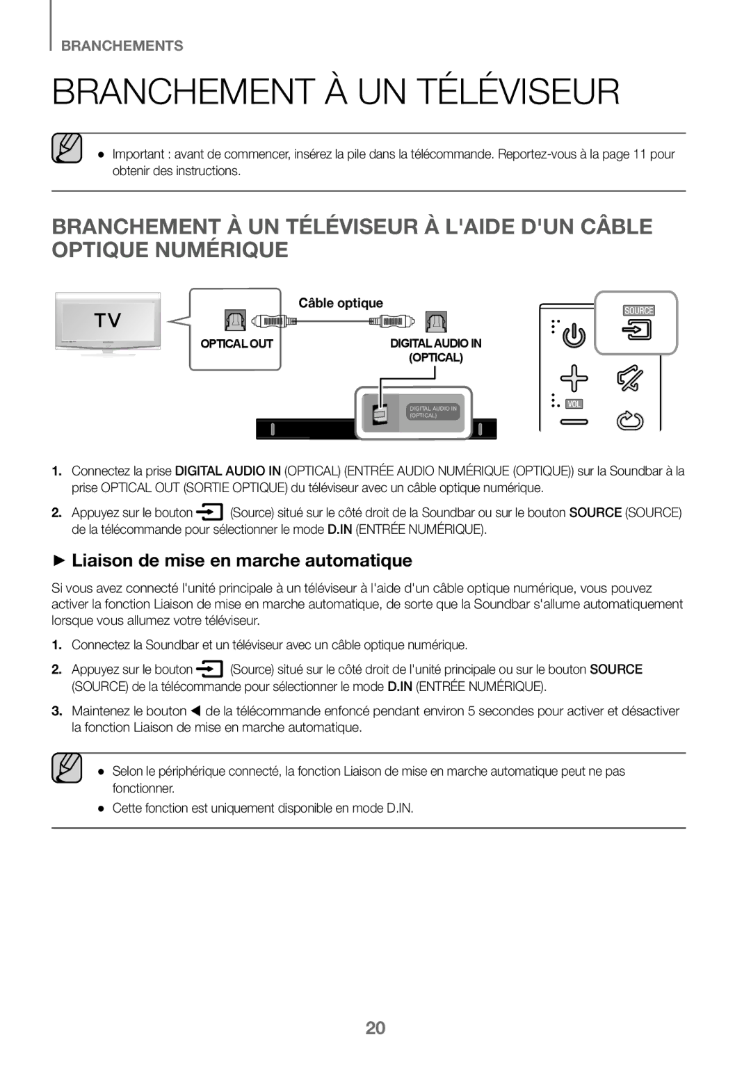 Samsung HW-J450/ZF, HW-K450/EN manual Branchement À UN Téléviseur, ++Liaison de mise en marche automatique, Câble optique 