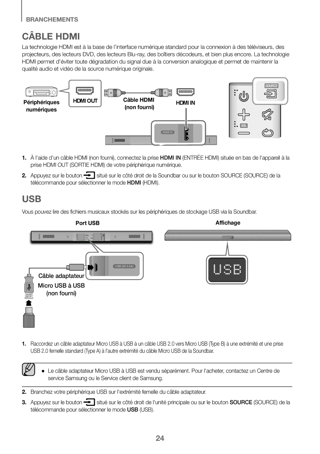 Samsung HW-J450/ZF, HW-K450/EN, HW-J450/EN, HW-K450/ZF Câble Hdmi, Câble adaptateur Micro USB à USB non fourni, Non fourni 