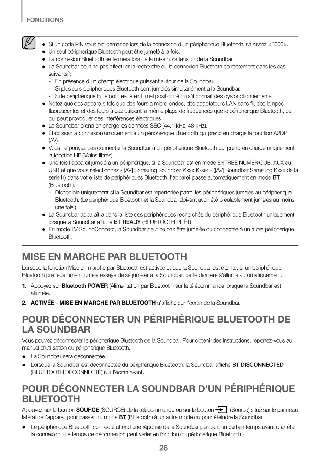 Samsung HW-J450/ZF, HW-K450/EN Mise EN Marche PAR Bluetooth, Pour Déconnecter UN Périphérique Bluetooth DE LA Soundbar 