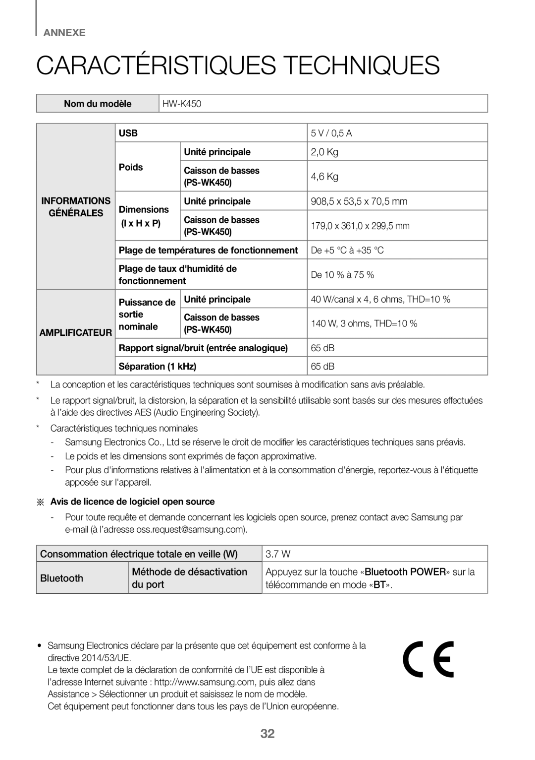 Samsung HW-J450/ZF, HW-K450/EN, HW-J450/EN, HW-K450/ZF manual Caractéristiques Techniques 