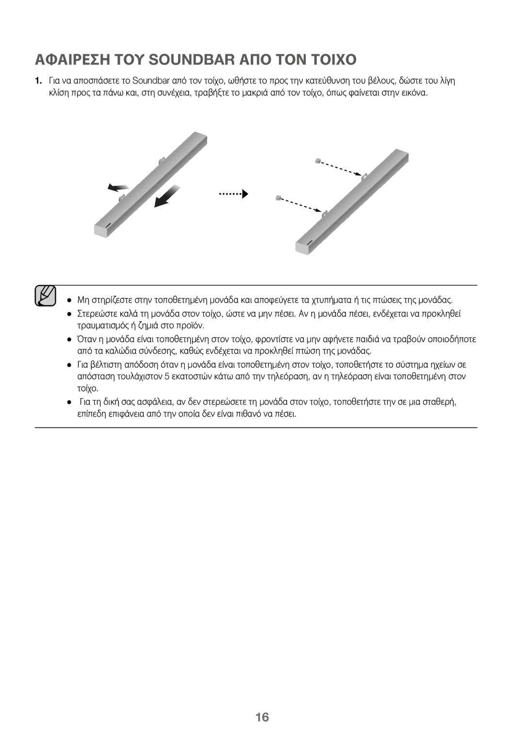 Samsung HW-K450/ZF, HW-K450/EN, HW-J450/EN, HW-J450/ZF manual Αφαιρεση ΤΟΥ Soundbar ΑΠΟ ΤΟΝ Τοιχο 