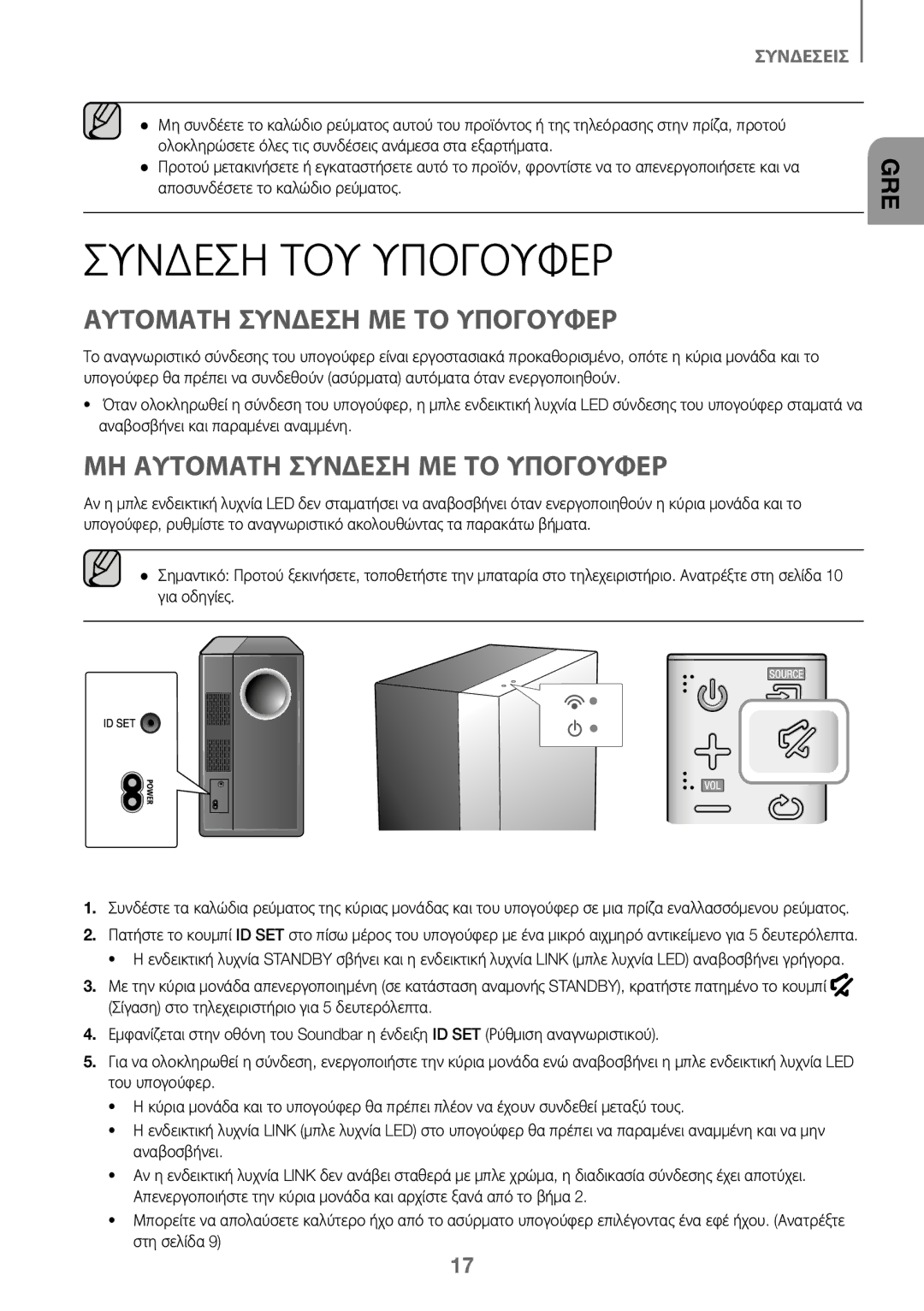 Samsung HW-K450/EN, HW-J450/EN, HW-J450/ZF, HW-K450/ZF manual Συνδεση ΤΟΥ Υπογουφερ, ΜΗ Αυτοματη Συνδεση ΜΕ ΤΟ Υπογουφερ 