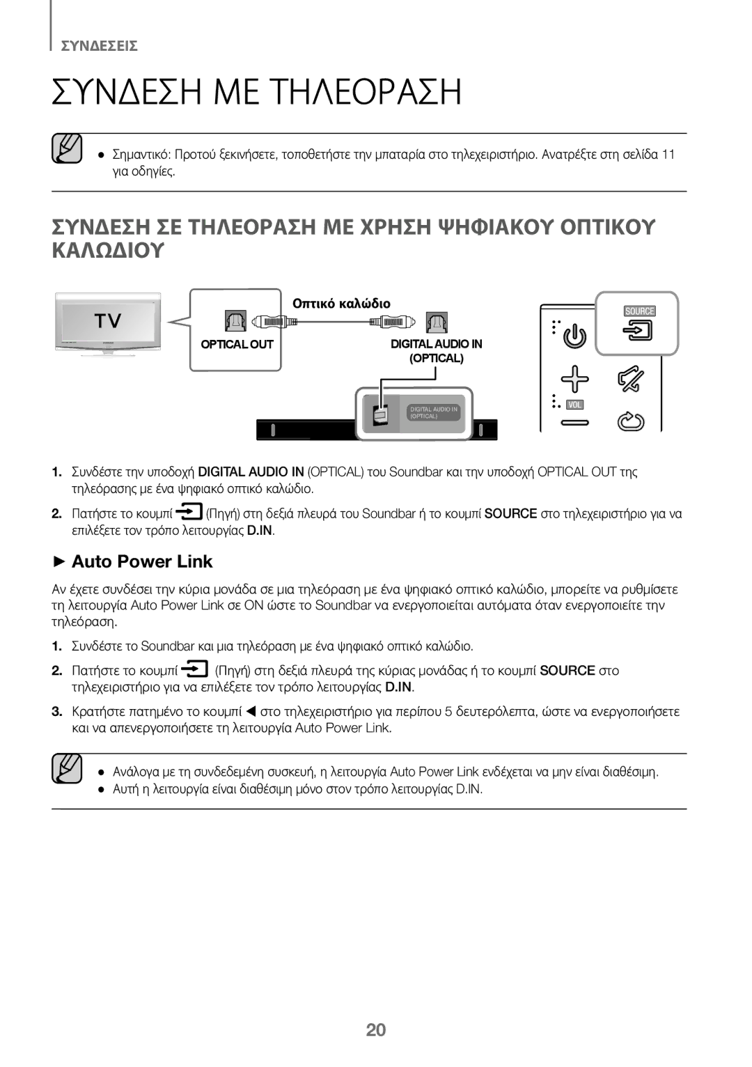 Samsung HW-K450/ZF manual Συνδεση ΜΕ Τηλεοραση, Συνδεση ΣΕ Τηλεοραση ΜΕ Χρηση Ψηφιακου Οπτικου Καλωδιου, Οπτικό καλώδιο 