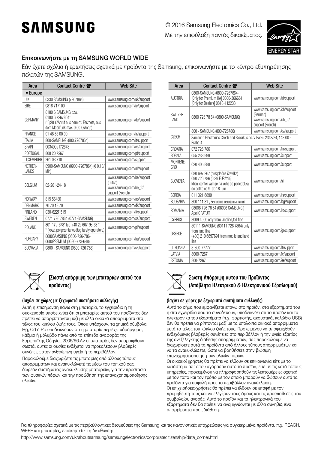 Samsung HW-K450/EN, HW-J450/EN, HW-J450/ZF manual Σωστή Απόρριψη αυτού του Προϊόντος, Σωστή απόρριψη των μπαταριών αυτού του 