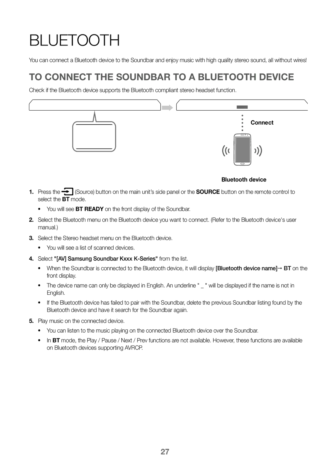 Samsung HW-K450/ZF, HW-K450/EN, HW-J450/EN manual To Connect the Soundbar to a Bluetooth Device, Connect Bluetooth device 