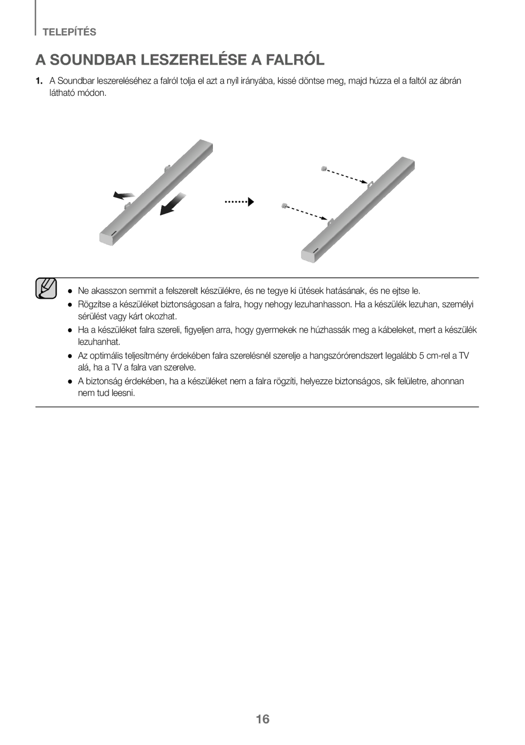 Samsung HW-K450/EN, HW-J450/EN, HW-J450/ZF, HW-K450/ZF manual Soundbar Leszerelése a Falról 