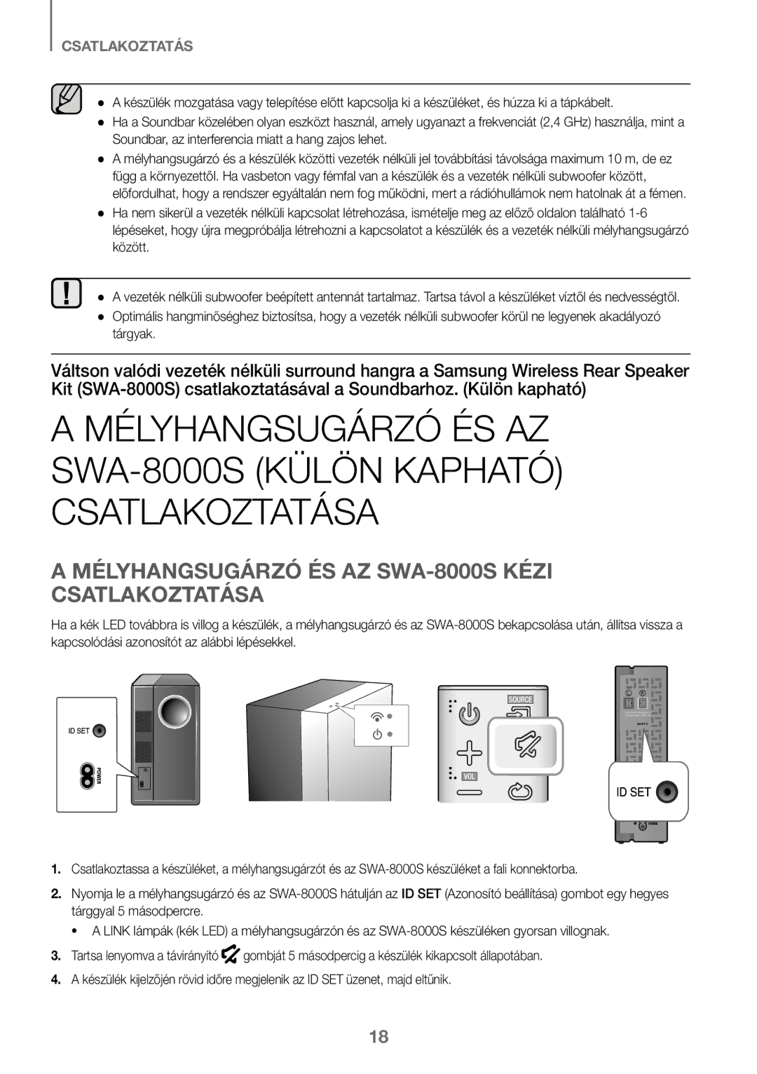 Samsung HW-J450/ZF, HW-K450/EN, HW-J450/EN, HW-K450/ZF manual Mélyhangsugárzó ÉS AZ SWA-8000S Kézi Csatlakoztatása, Tárgyak 