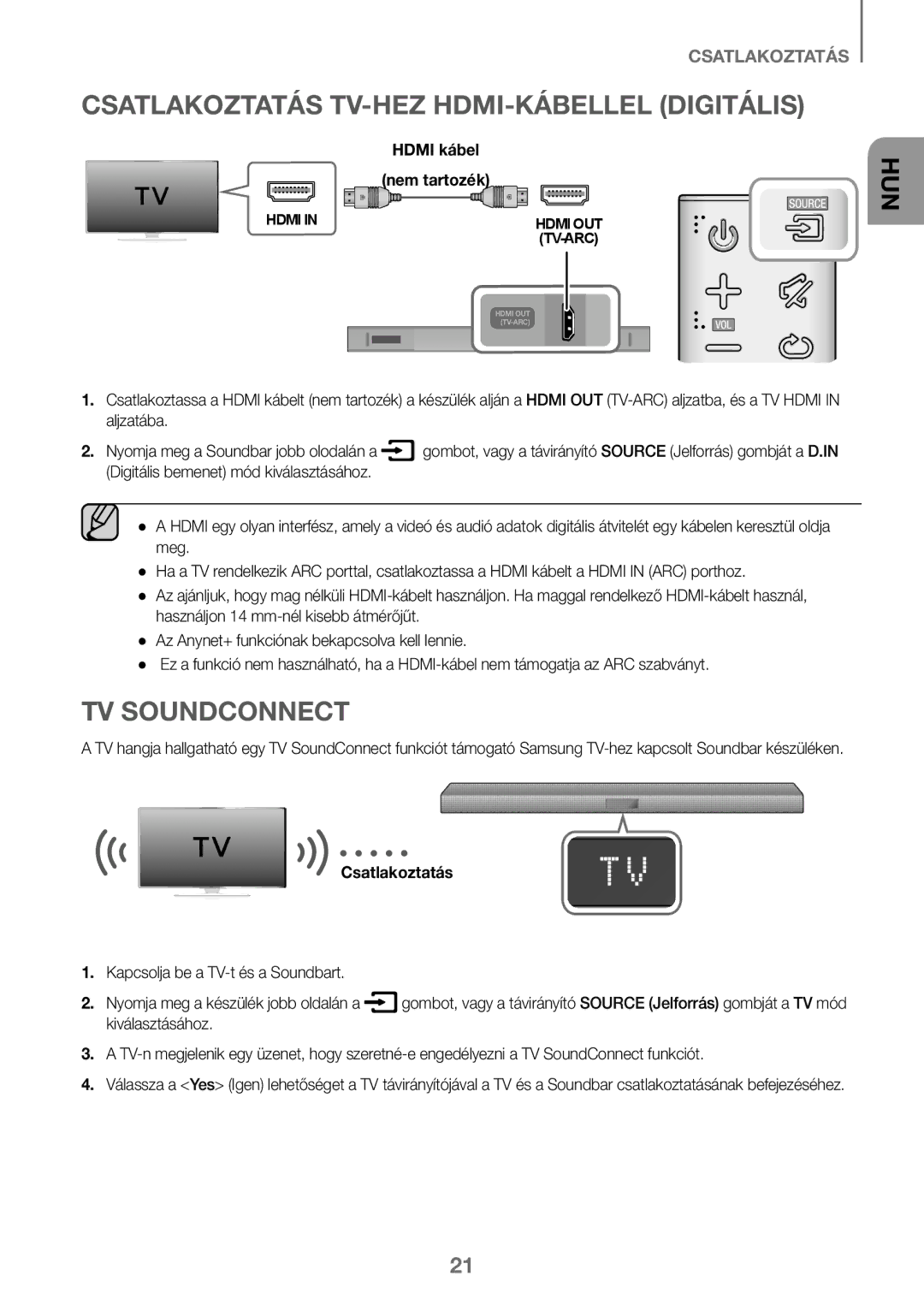 Samsung HW-J450/EN, HW-K450/EN, HW-J450/ZF manual Csatlakoztatás TV-HEZ HDMI-KÁBELLEL Digitális, Hdmi kábel Nem tartozék 