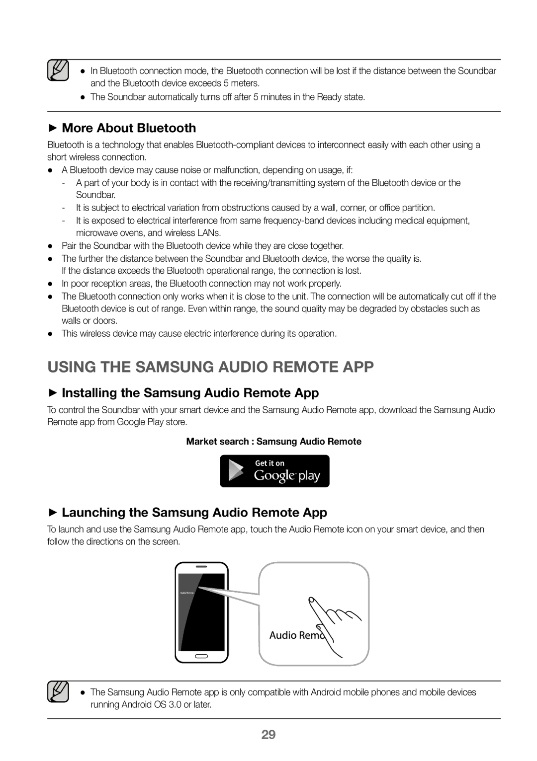 Samsung HW-J450/EN ++More About Bluetooth, ++Launching the Samsung Audio Remote App, Market search Samsung Audio Remote 