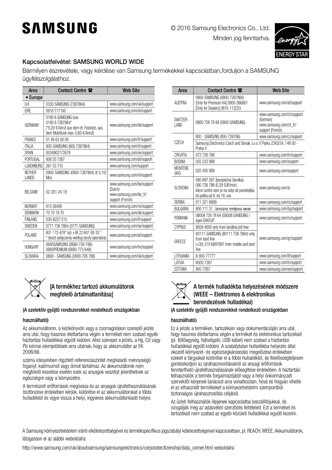 Samsung HW-J450/EN, HW-K450/EN, HW-J450/ZF, HW-K450/ZF manual Area Contact Centre  Web Site 