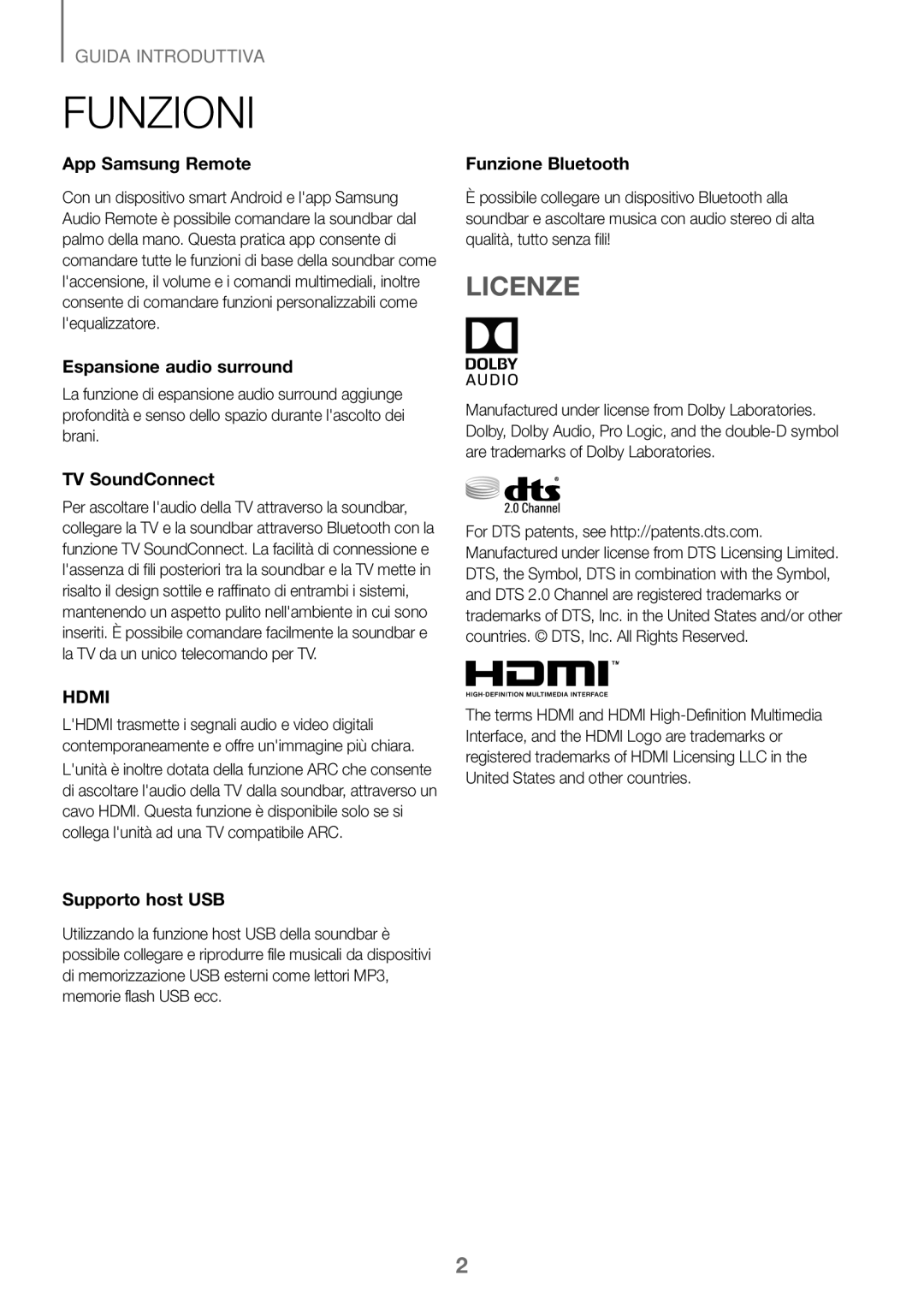 Samsung HW-K450/ZF, HW-K450/EN, HW-J450/EN, HW-J450/ZF manual Funzioni, Licenze 