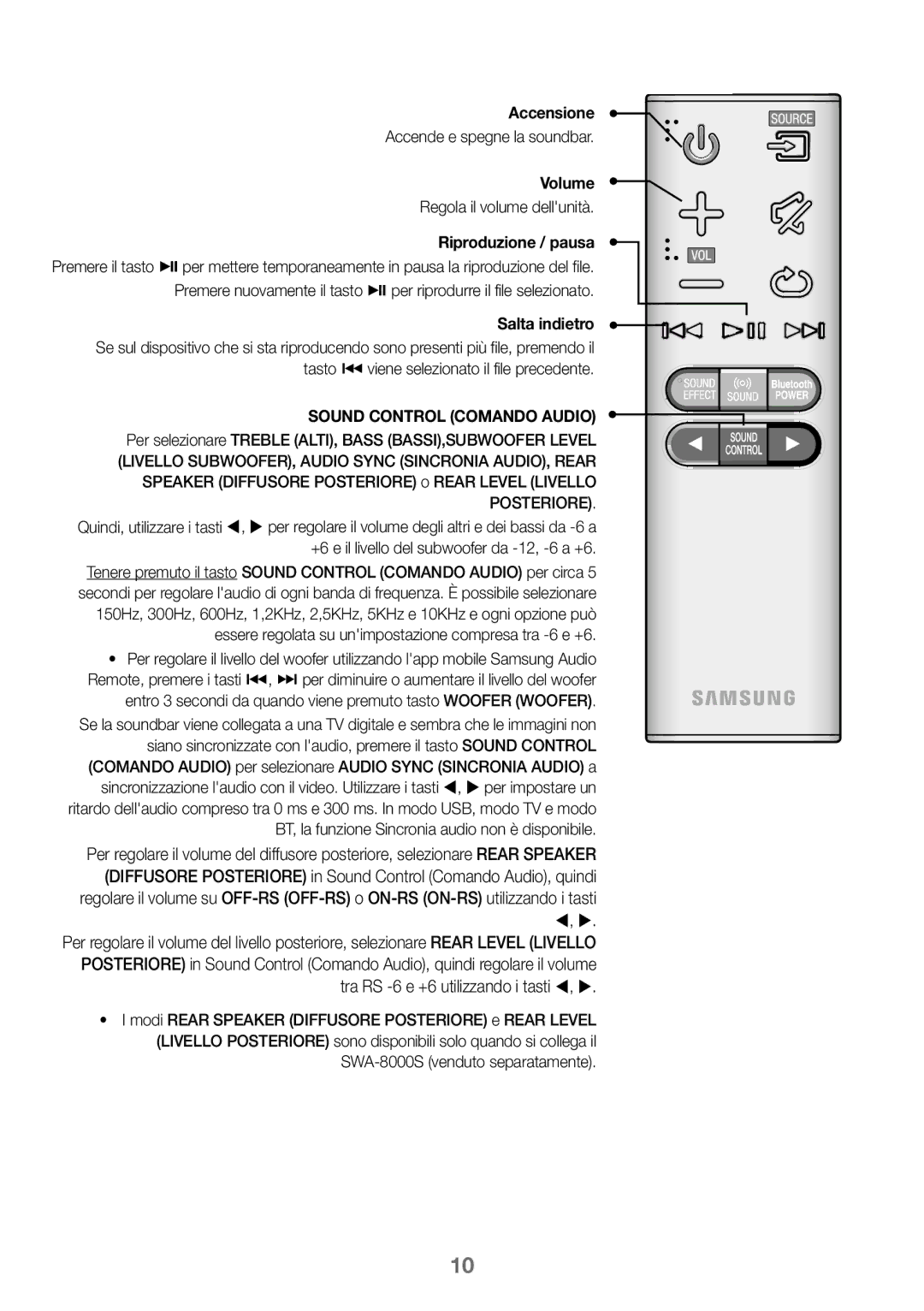 Samsung HW-K450/ZF, HW-K450/EN, HW-J450/EN, HW-J450/ZF Accensione, Accende e spegne la soundbar, Sound Control Comando Audio 