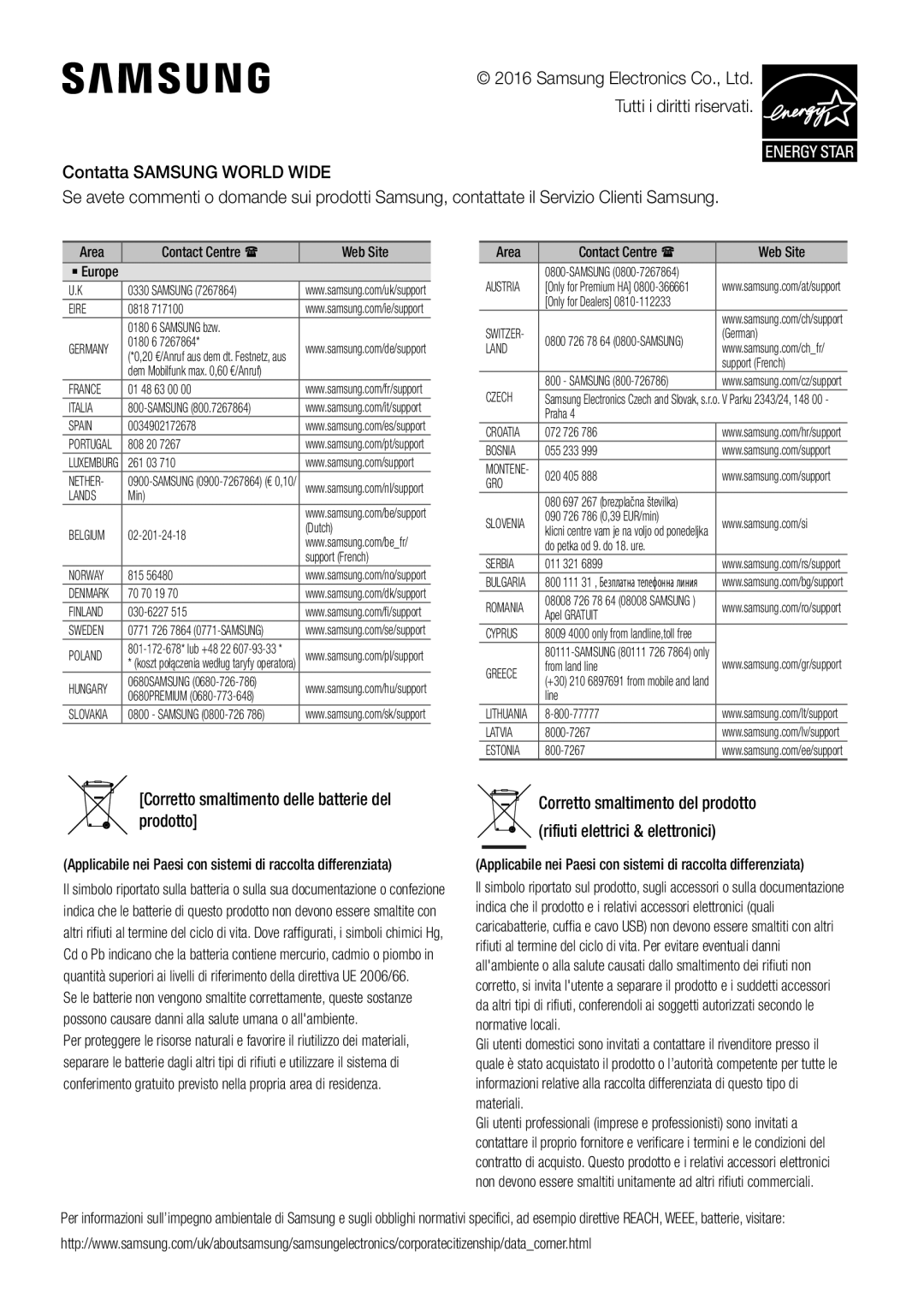 Samsung HW-J450/ZF, HW-K450/EN, HW-J450/EN, HW-K450/ZF manual Corretto smaltimento delle batterie del prodotto 