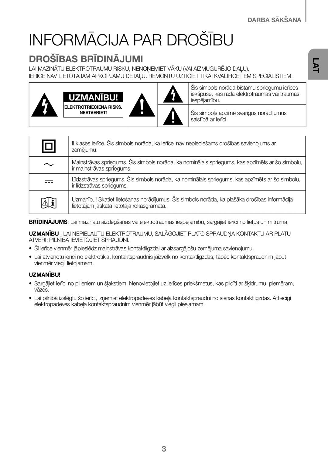 Samsung HW-J450/EN, HW-K450/EN, HW-J450/ZF, HW-K450/ZF manual Informācija PAR Drošību, Drošības Brīdinājumi, Uzmanību 