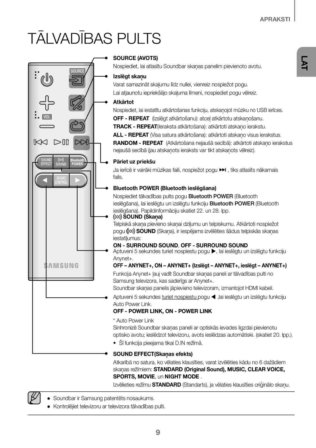 Samsung HW-K450/ZF, HW-K450/EN, HW-J450/EN, HW-J450/ZF manual Tālvadības Pults, Source Avots 